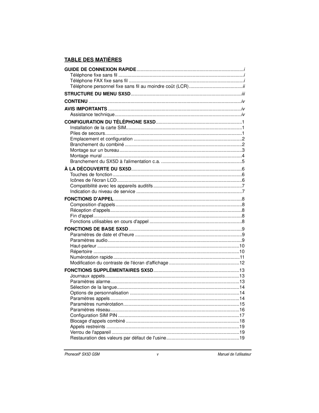 Telular SX5D manual Table DES Matières, Téléphone personnel fixe sans fil au moindre coût LCR 