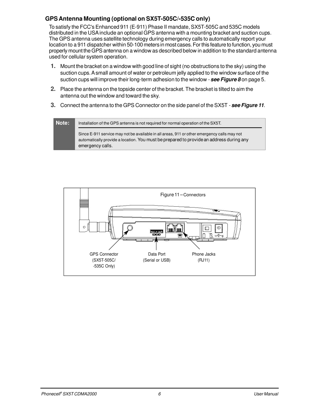 Telular CDMA SX5T-500C, SX5T CDMA user manual GPS Antenna Mounting optional on SX5T-505C/-535C only, Connectors 