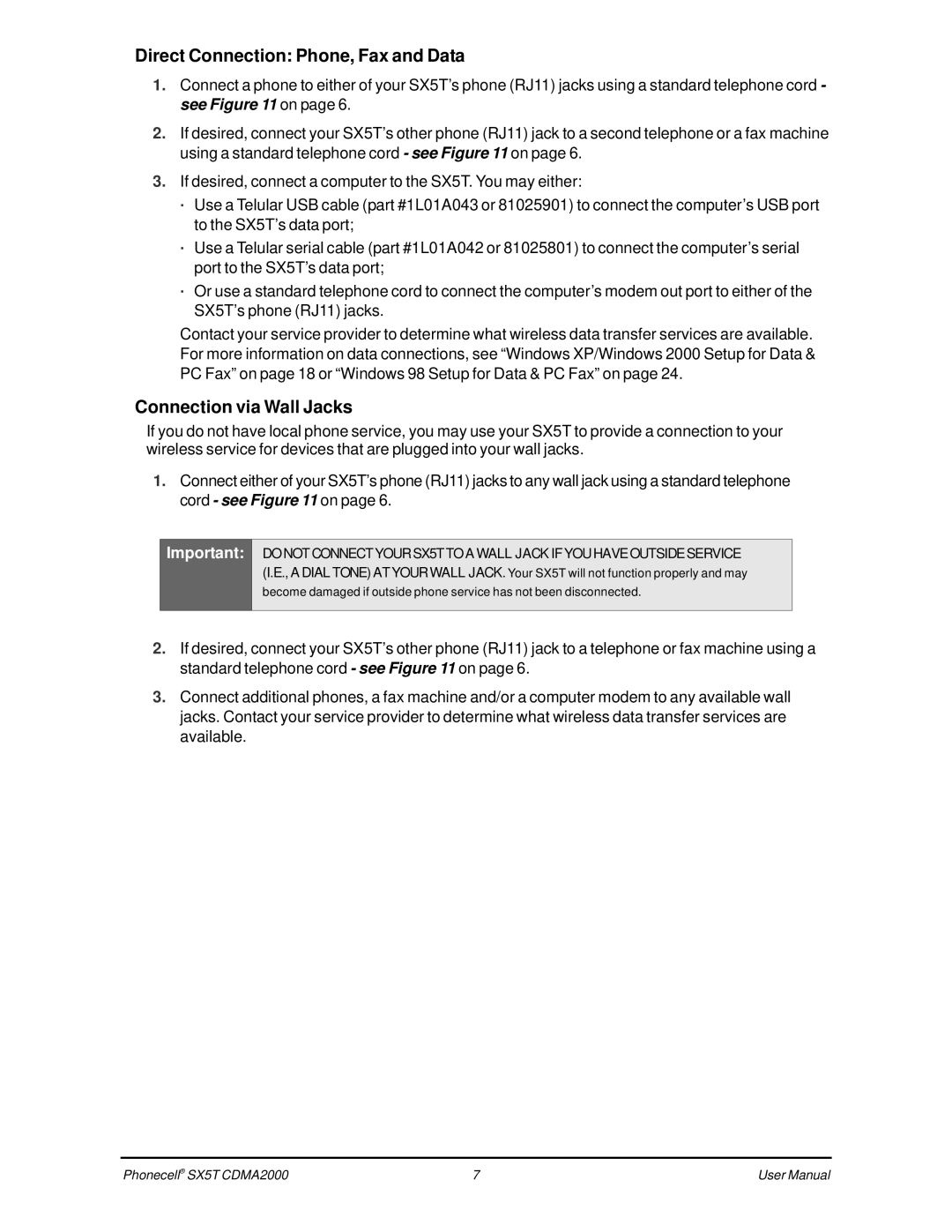 Telular SX5T CDMA2000, SX5T-505C, SX5T-535C, SX5T-500C Direct Connection Phone, Fax and Data, Connection via Wall Jacks 