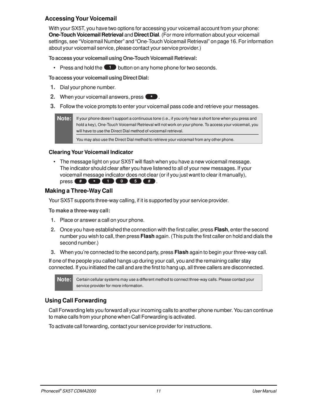 Telular SX5T CDMA, CDMA SX5T-500C Accessing Your Voicemail, Making a Three-Way Call, Using Call Forwarding, Press # 