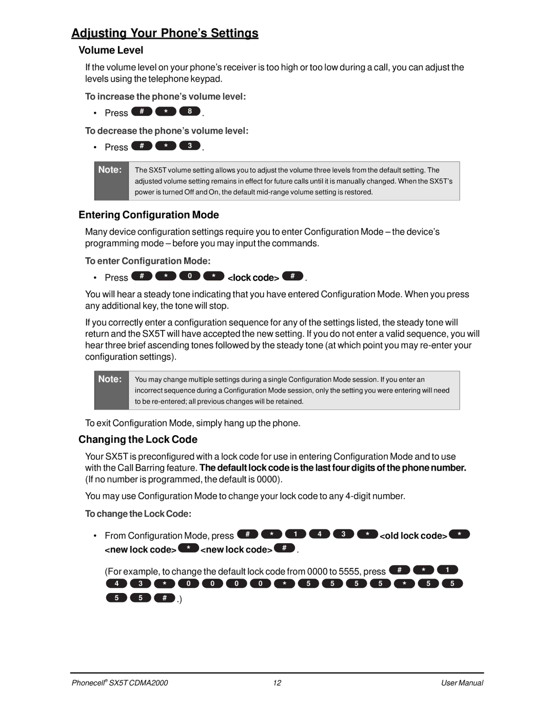 Telular CDMA SX5T-500C Adjusting Your Phone’s Settings, Volume Level, Entering Configuration Mode, Changing the Lock Code 