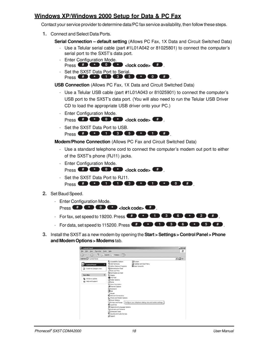 Telular CDMA SX5T-500C, SX5T CDMA user manual Windows XP/Windows 2000 Setup for Data & PC Fax, Press # Lock code 