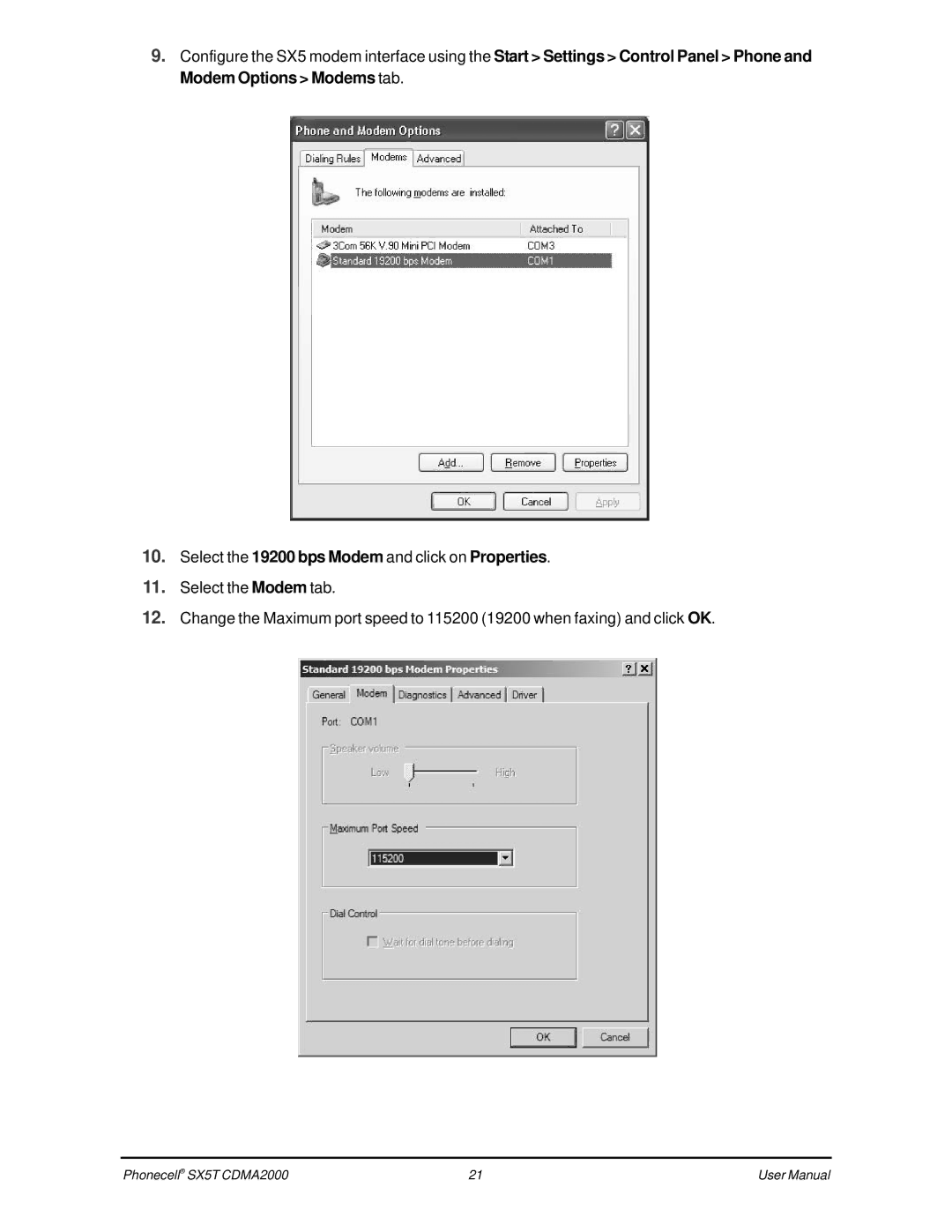 Telular CDMA SX5T-500C, SX5T CDMA user manual Select the 19200 bps Modem and click on Properties 