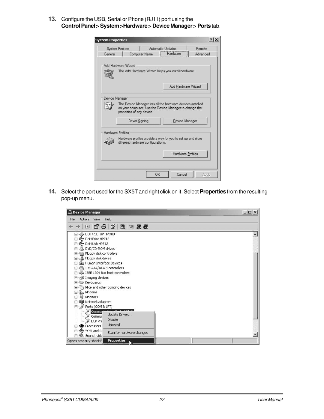 Telular SX5T CDMA2000, SX5T-505C, SX5T-535C, SX5T-500C user manual Control Panel System Hardware Device Manager Ports tab 