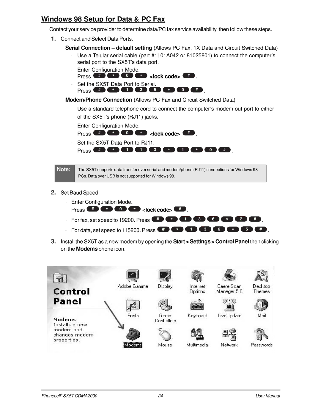 Telular CDMA SX5T-500C, SX5T CDMA user manual Windows 98 Setup for Data & PC Fax, Press # Lock code # 