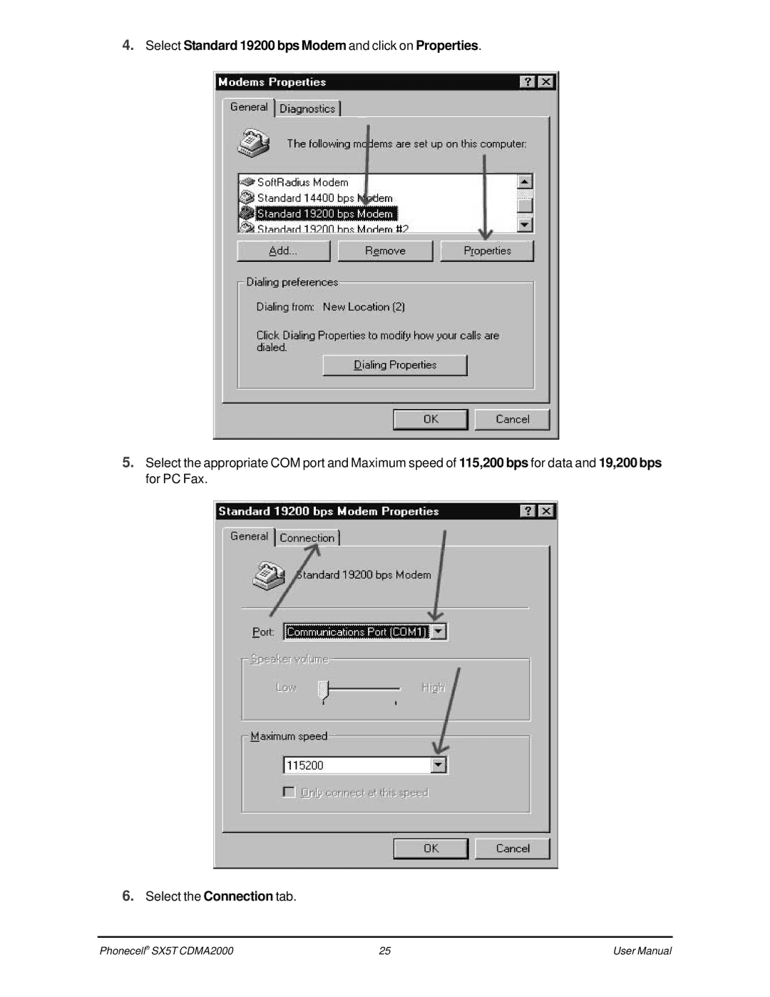 Telular SX5T CDMA2000, SX5T-505C, SX5T-535C, SX5T-500C user manual Select Standard 19200 bps Modem and click on Properties 