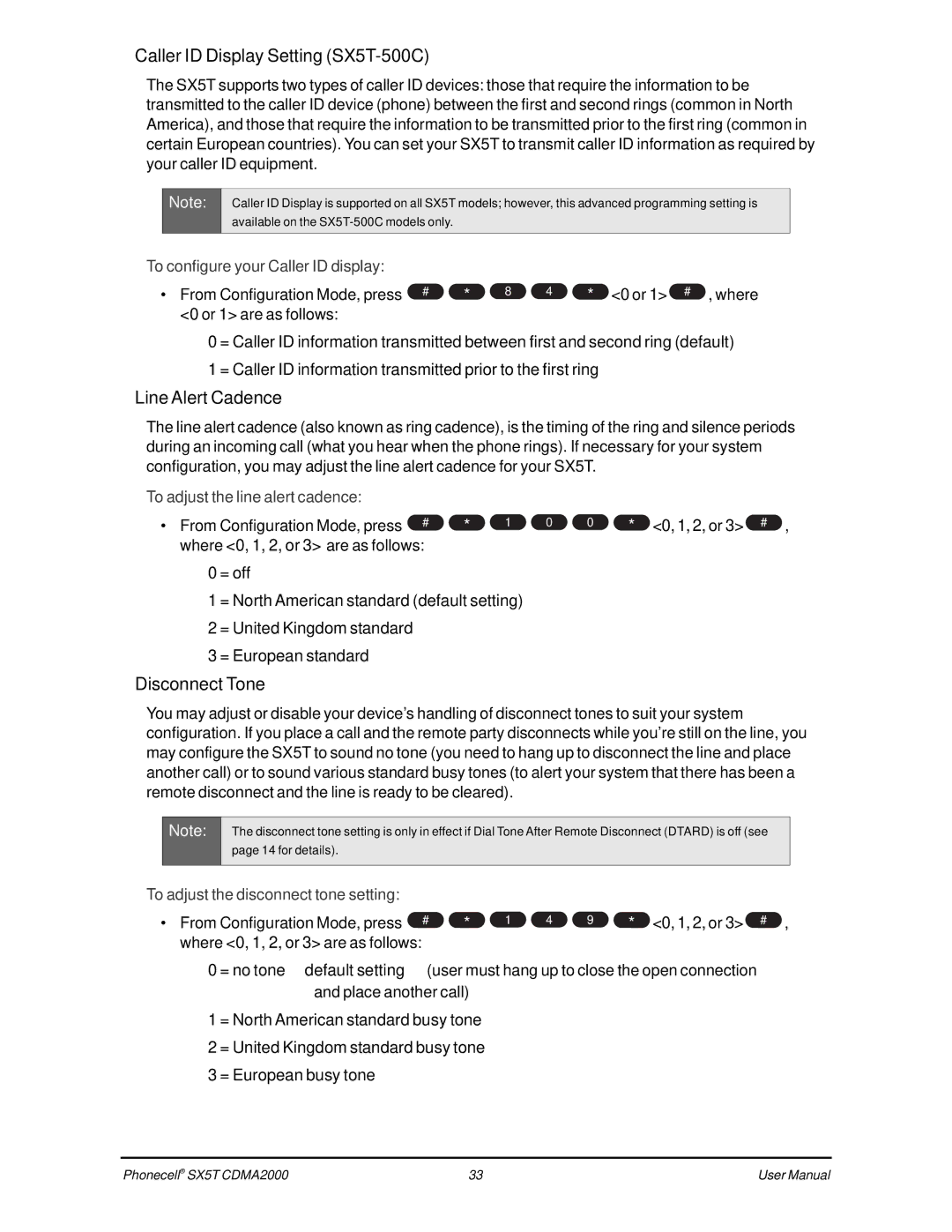 Telular CDMA SX5T-500C, SX5T CDMA user manual Caller ID Display Setting SX5T-500C, Line Alert Cadence, Disconnect Tone 