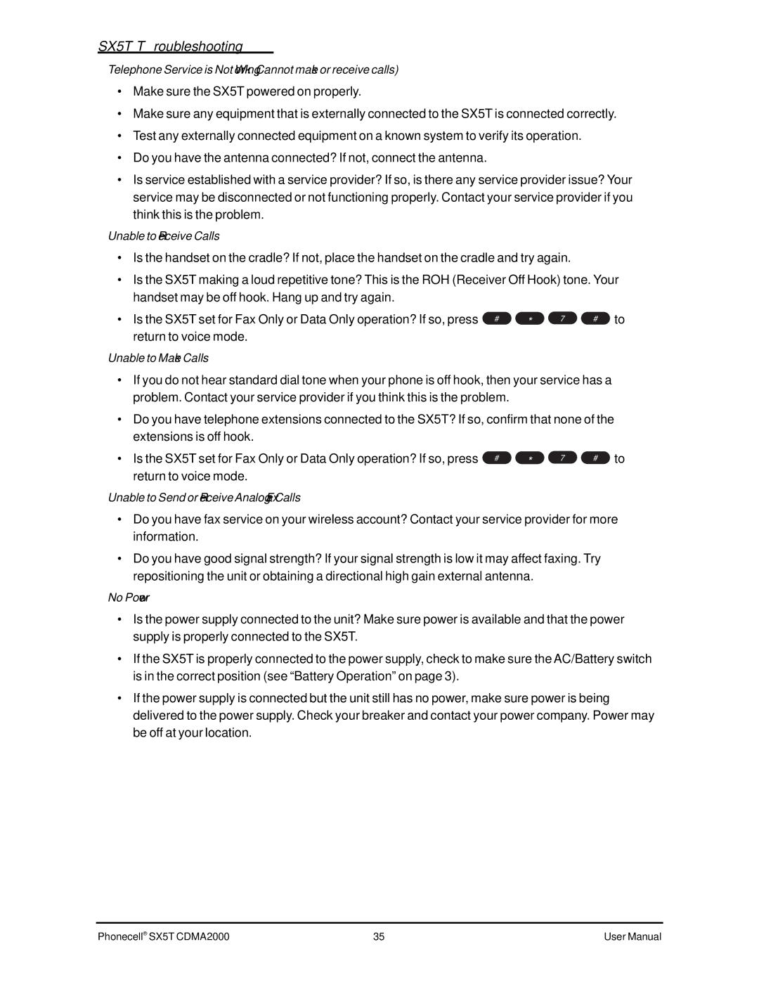 Telular SX5T CDMA, CDMA SX5T-500C user manual SX5T Troubleshooting, Unable to Receive Calls, Unable to Make Calls, No Power 