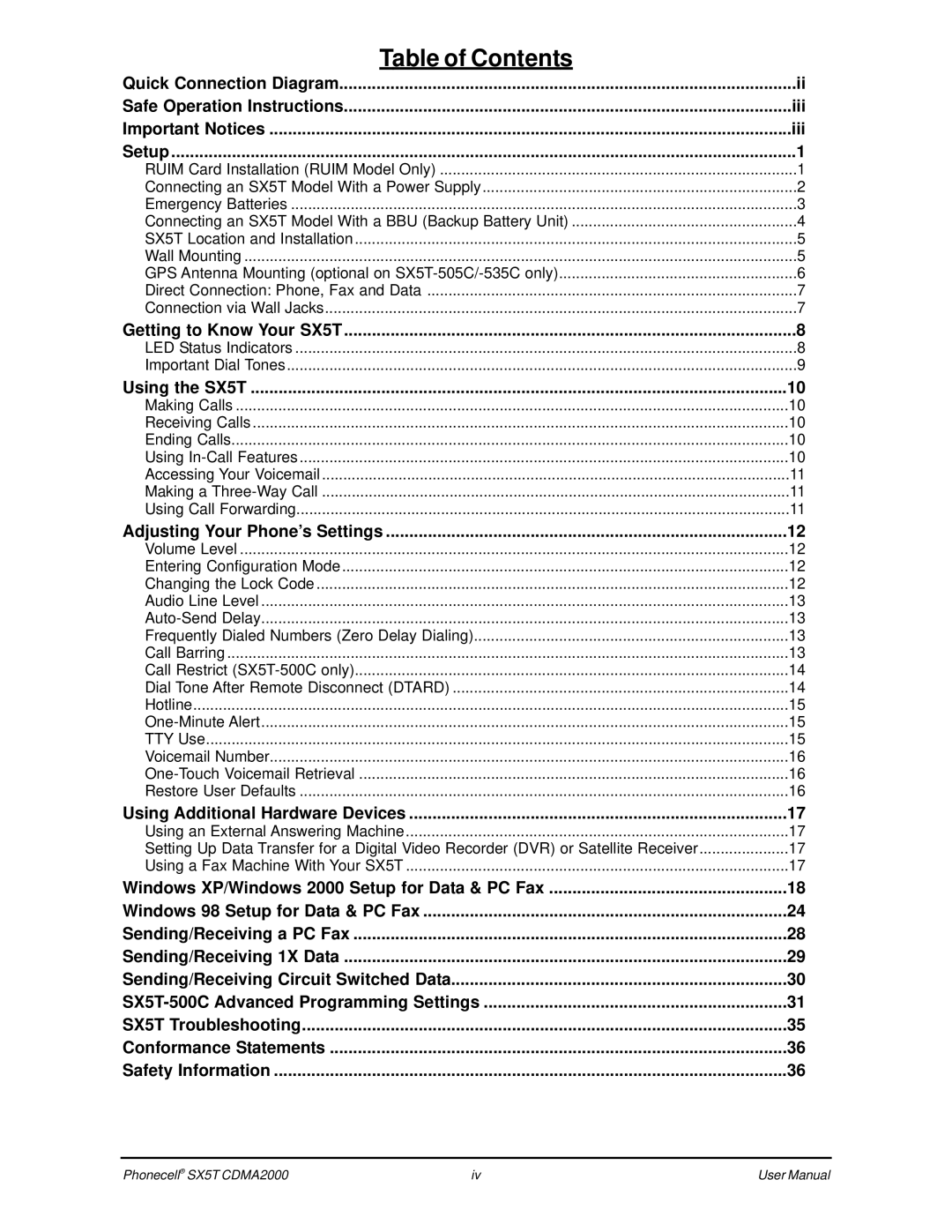 Telular CDMA SX5T-500C, SX5T CDMA2000, SX5T-505C, SX5T-535C, SX5T-500C user manual Table of Contents 