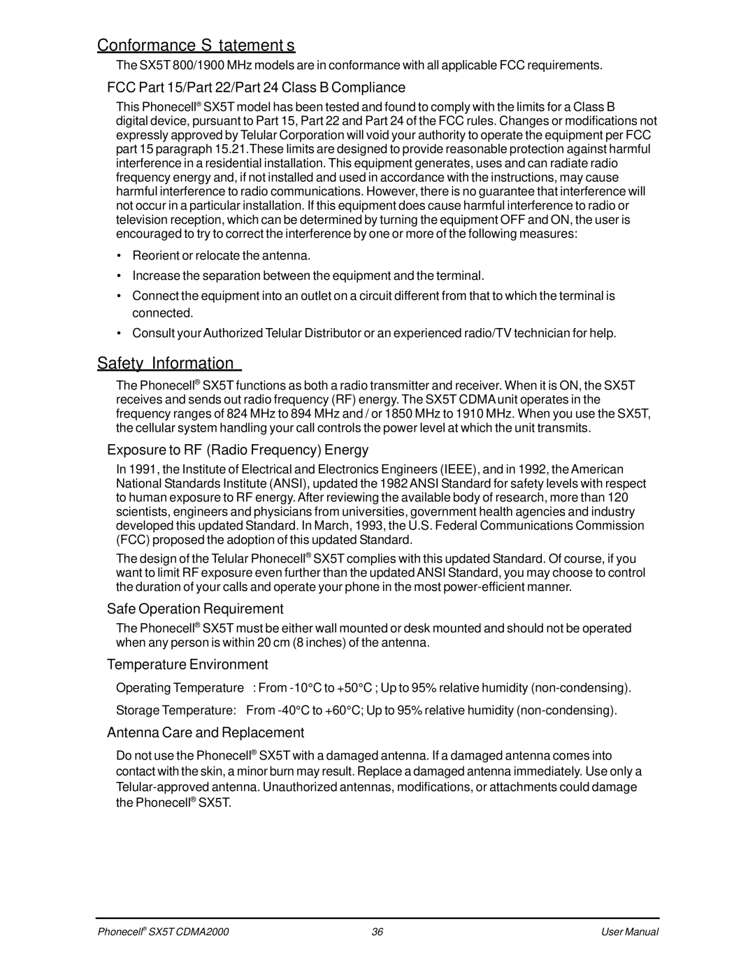 Telular CDMA SX5T-500C, SX5T CDMA user manual Conformance Statements, Safety Information 