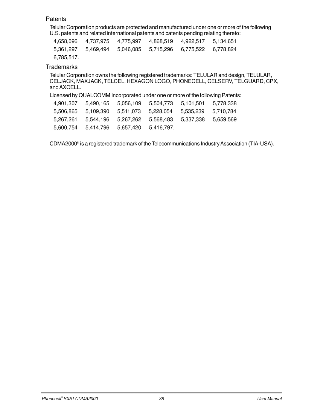 Telular CDMA SX5T-500C, SX5T CDMA2000, SX5T-505C, SX5T-535C, SX5T-500C user manual Patents, Trademarks 