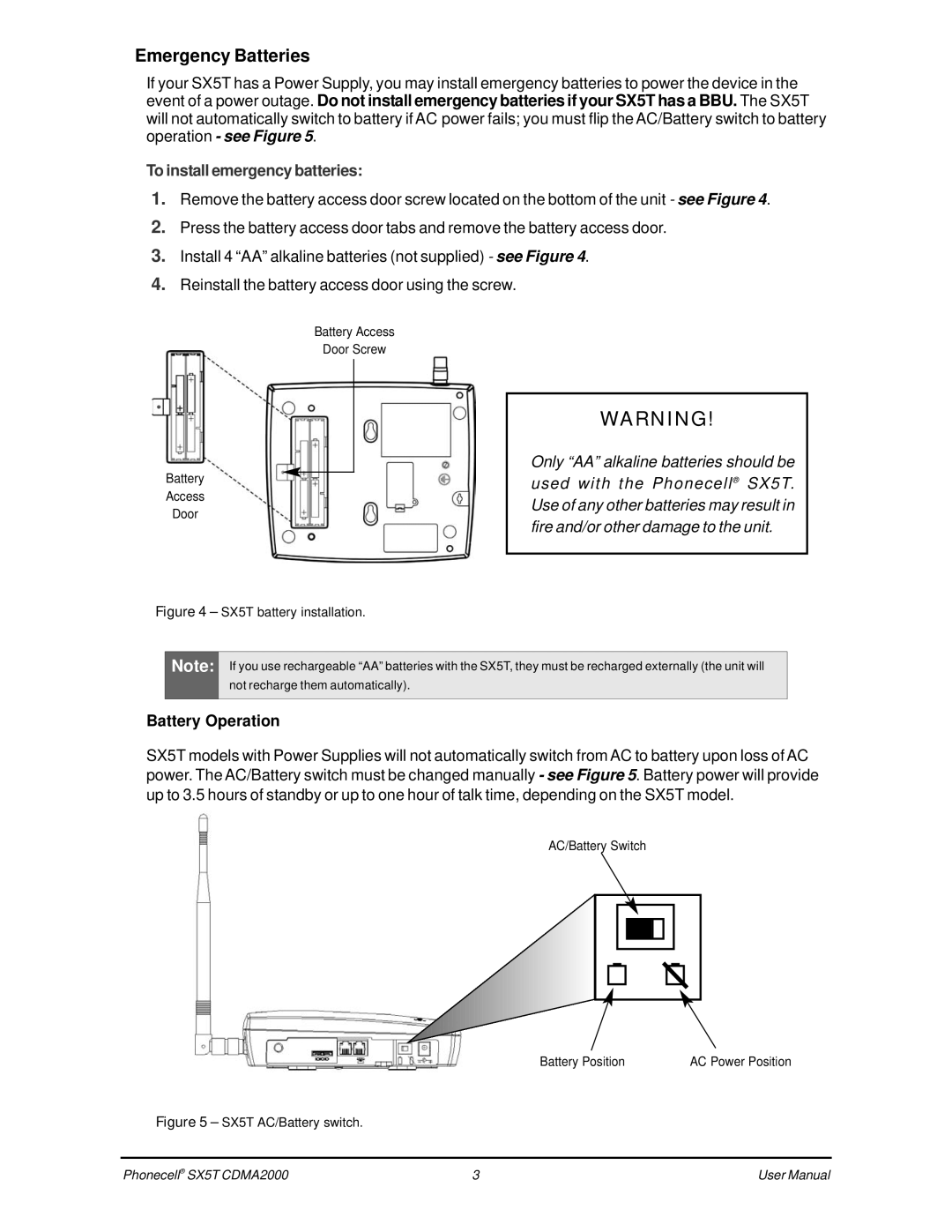 Telular CDMA SX5T-500C, SX5T CDMA user manual Emergency Batteries, To install emergency batteries, Battery Operation 