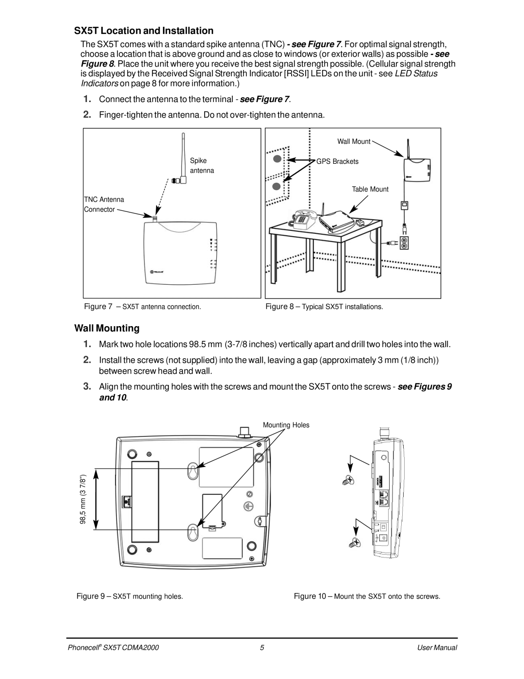 Telular SX5T CDMA, CDMA SX5T-500C user manual SX5T Location and Installation, Wall Mounting 