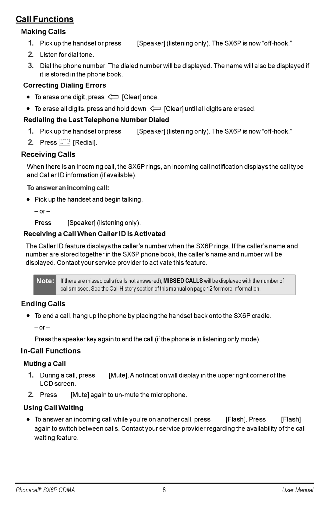 Telular SX6P-200C user manual Making Calls, Receiving Calls, Ending Calls, In-Call Functions 