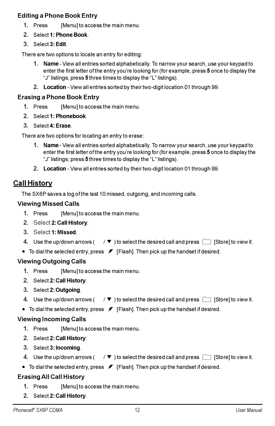 Telular SX6P-200C user manual Call History 