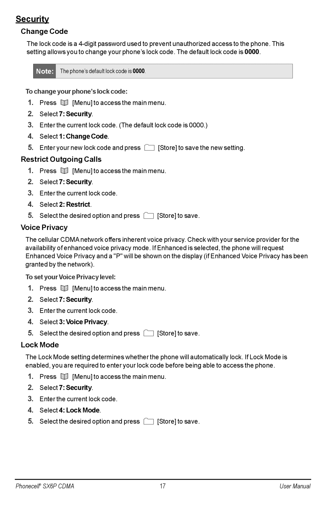 Telular SX6P-200C user manual Security, Change Code, Restrict Outgoing Calls, Voice Privacy, Lock Mode 