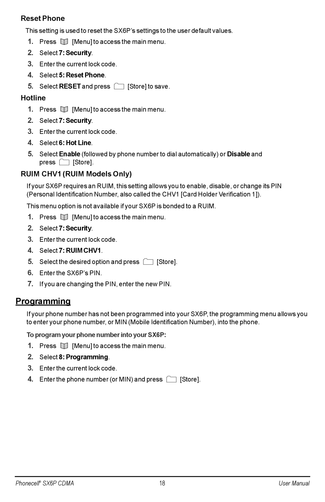 Telular SX6P-200C user manual Programming, Reset Phone, Hotline, Ruim CHV1 Ruim Models Only 