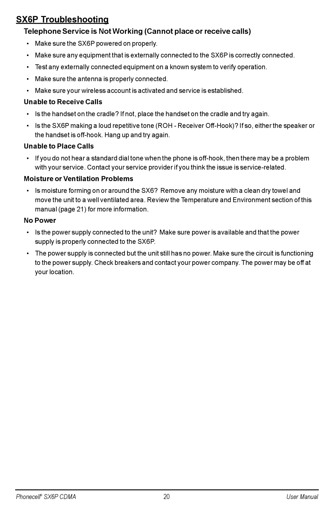 Telular SX6P-200C SX6P Troubleshooting, Unable to Receive Calls, Unable to Place Calls, Moisture or Ventilation Problems 