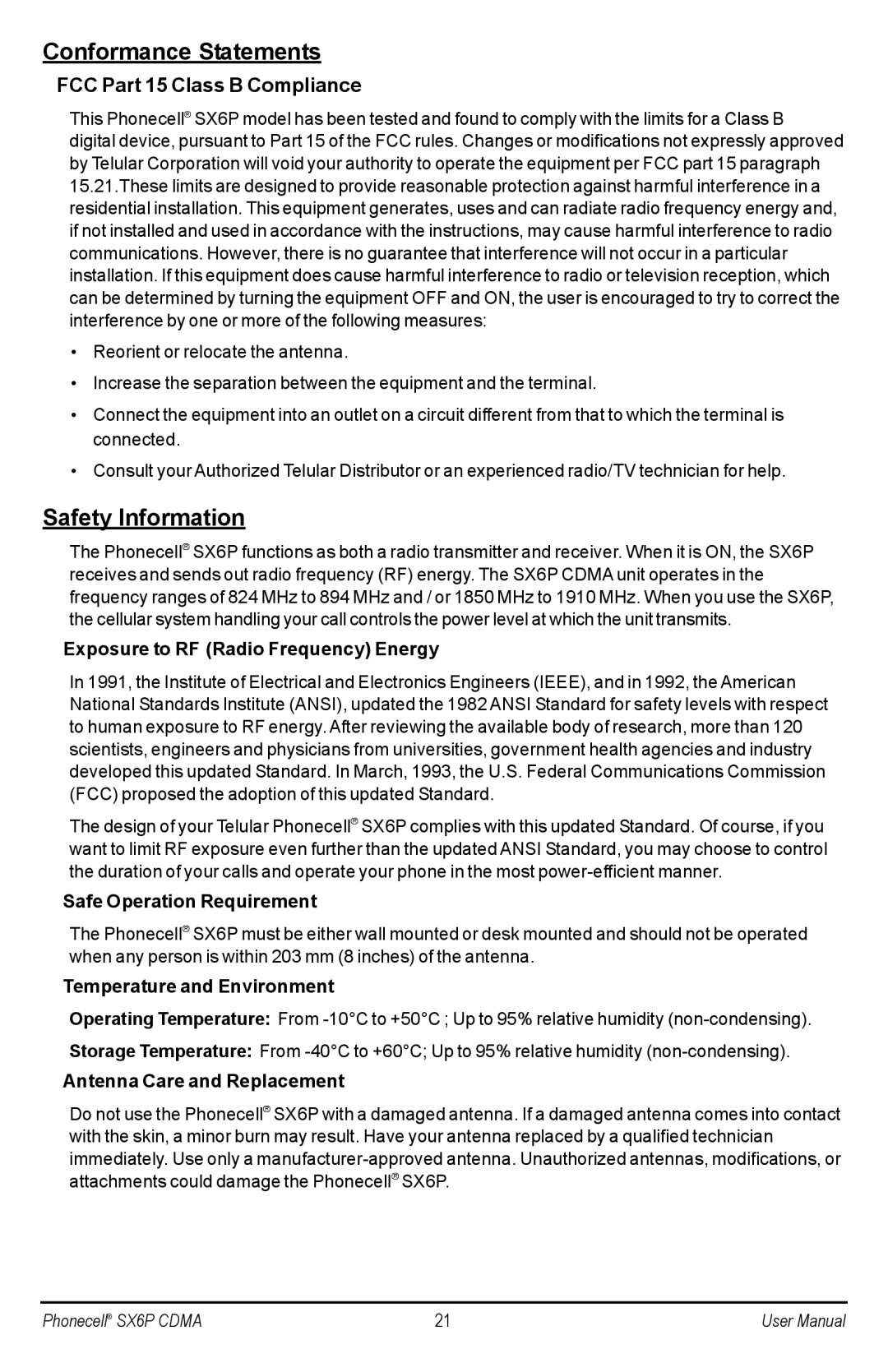 Telular SX6P-200C user manual Conformance Statements, Safety Information, FCC Part 15 Class B Compliance 