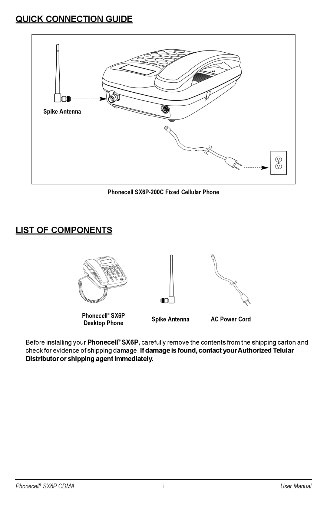 Telular user manual Spike Antenna Phonecell SX6P-200C Fixed Cellular Phone, Phonecell SX6P Spike Antenna AC Power Cord 