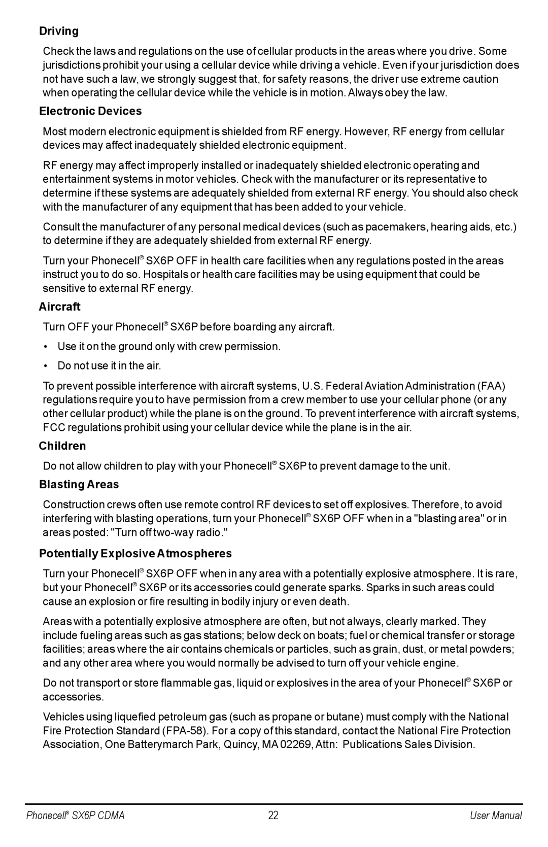 Telular SX6P-200C Driving, Electronic Devices, Aircraft, Children, Blasting Areas, Potentially Explosive Atmospheres 