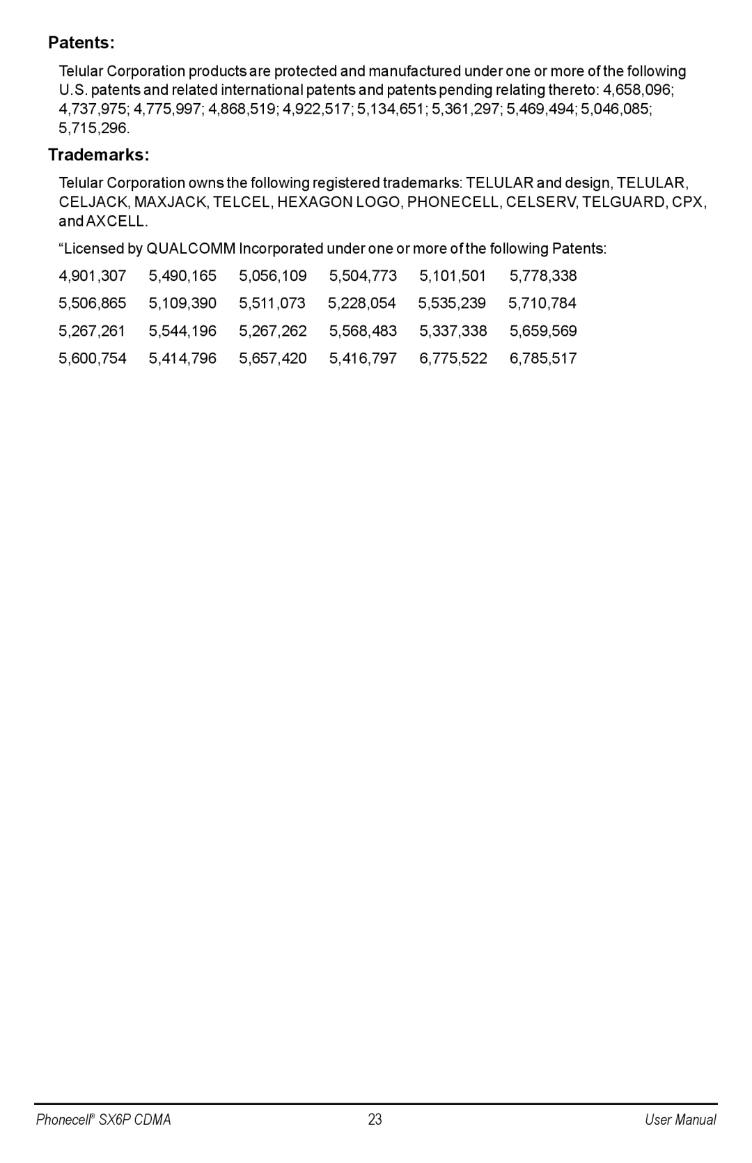 Telular SX6P-200C user manual Patents, Trademarks 