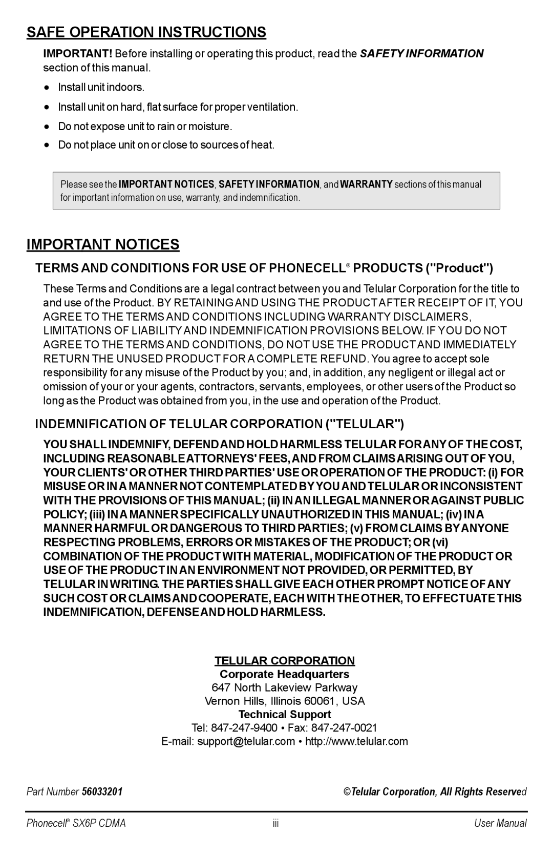 Telular SX6P-200C Terms and Conditions for USE of Phonecell Products Product, Corporate Headquarters, Technical Support 