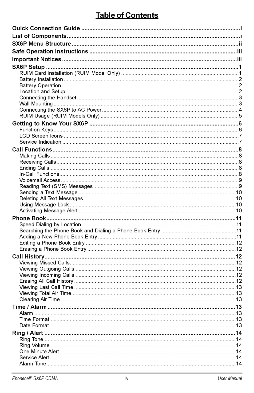 Telular SX6P-200C user manual Table of Contents 