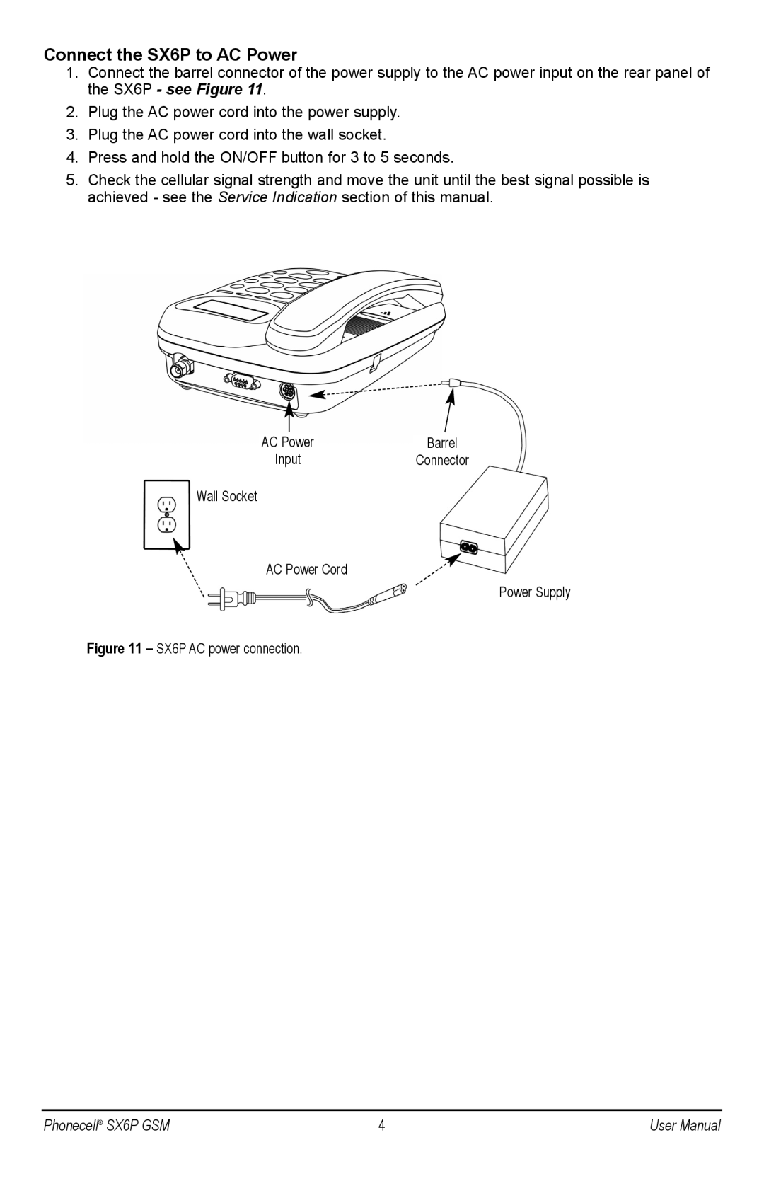 Telular SX6P-300G, SX6P GSM user manual Connect the SX6P to AC Power, SX6P AC power connection 