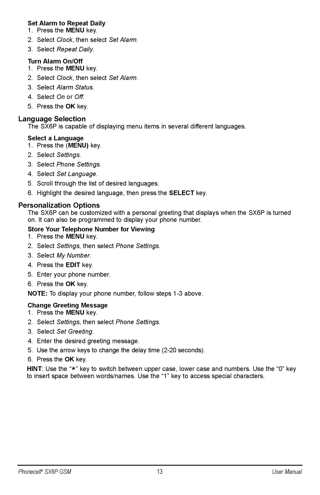 Telular SX6P GSM, SX6P-300G user manual Language Selection, Personalization Options 