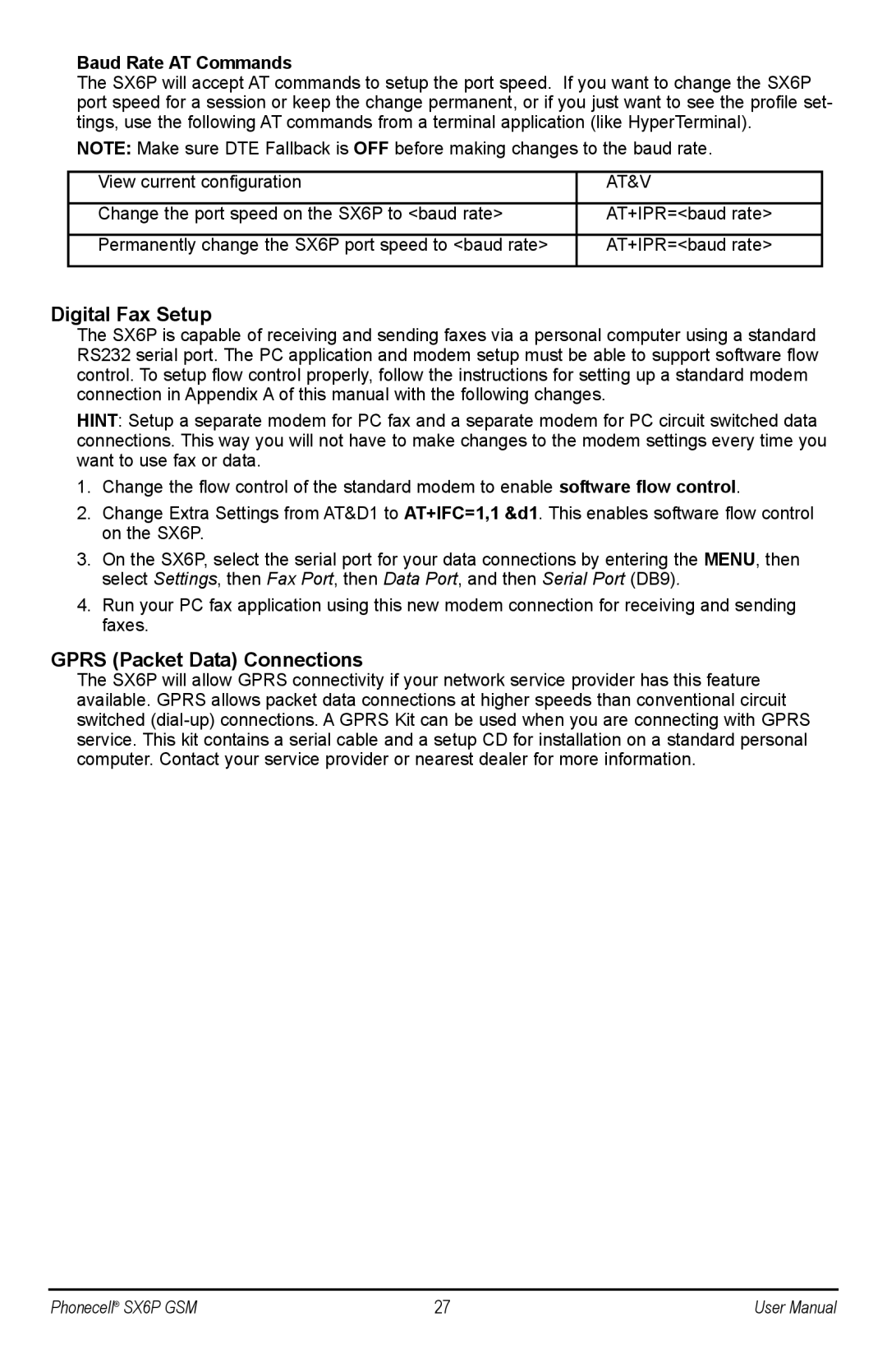 Telular SX6P GSM, SX6P-300G user manual Digital Fax Setup, Gprs Packet Data Connections, Baud Rate AT Commands 