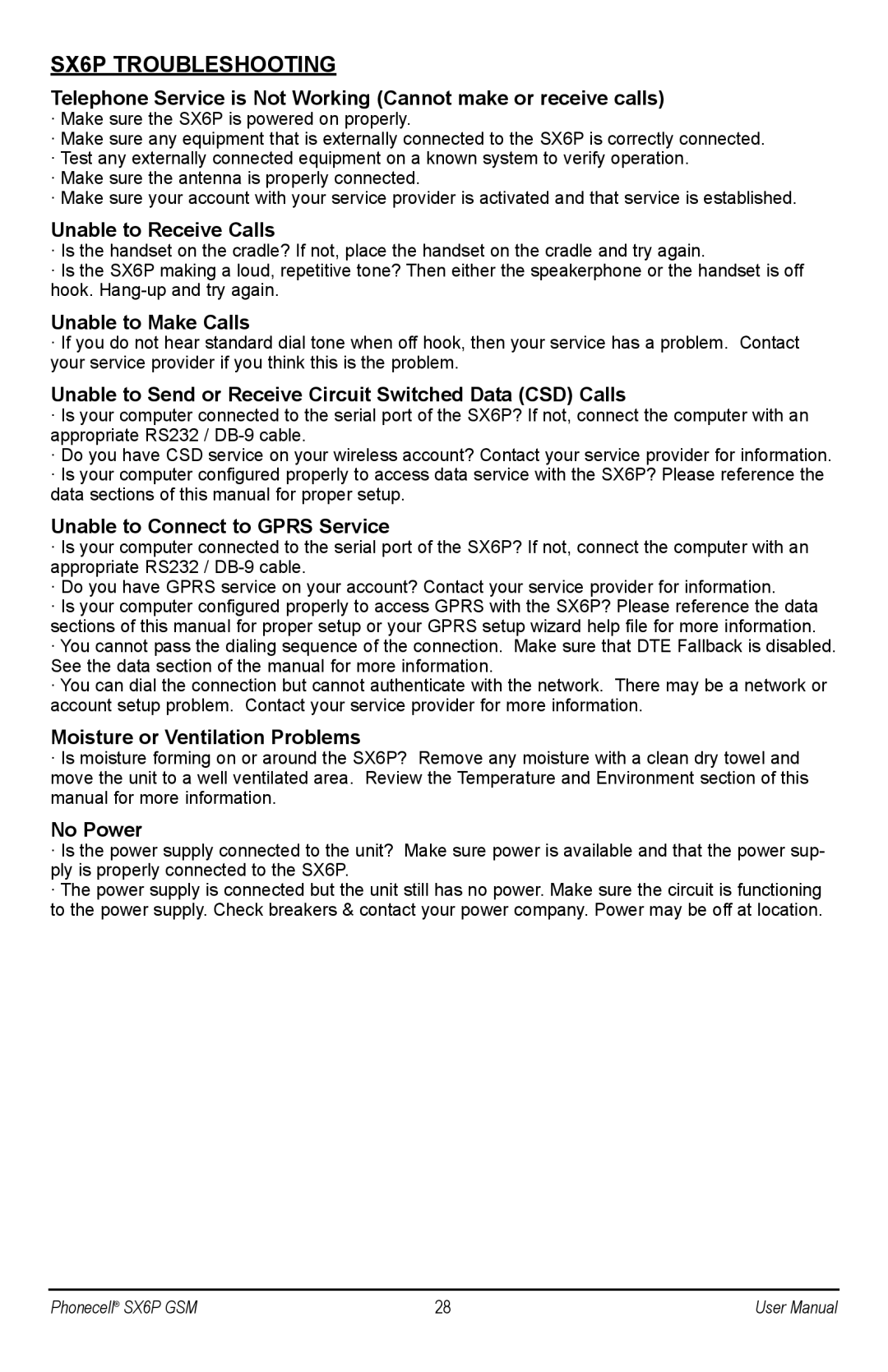 Telular SX6P-300G, SX6P GSM user manual SX6P Troubleshooting 