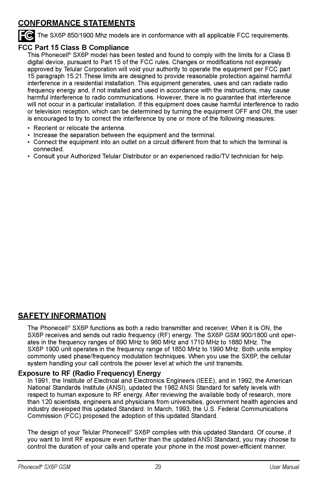 Telular SX6P GSM, SX6P-300G user manual Conformance Statements, Safety Information, FCC Part 15 Class B Compliance 