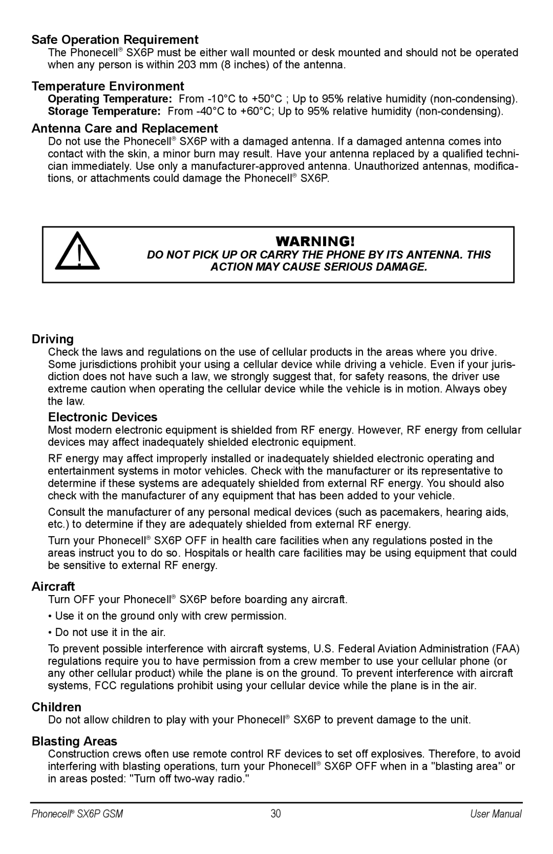 Telular SX6P-300G Safe Operation Requirement, Temperature Environment, Antenna Care and Replacement, Driving, Aircraft 