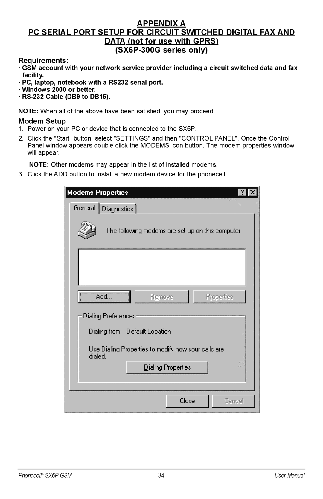 Telular SX6P-300G, SX6P GSM user manual Requirements, Modem Setup 