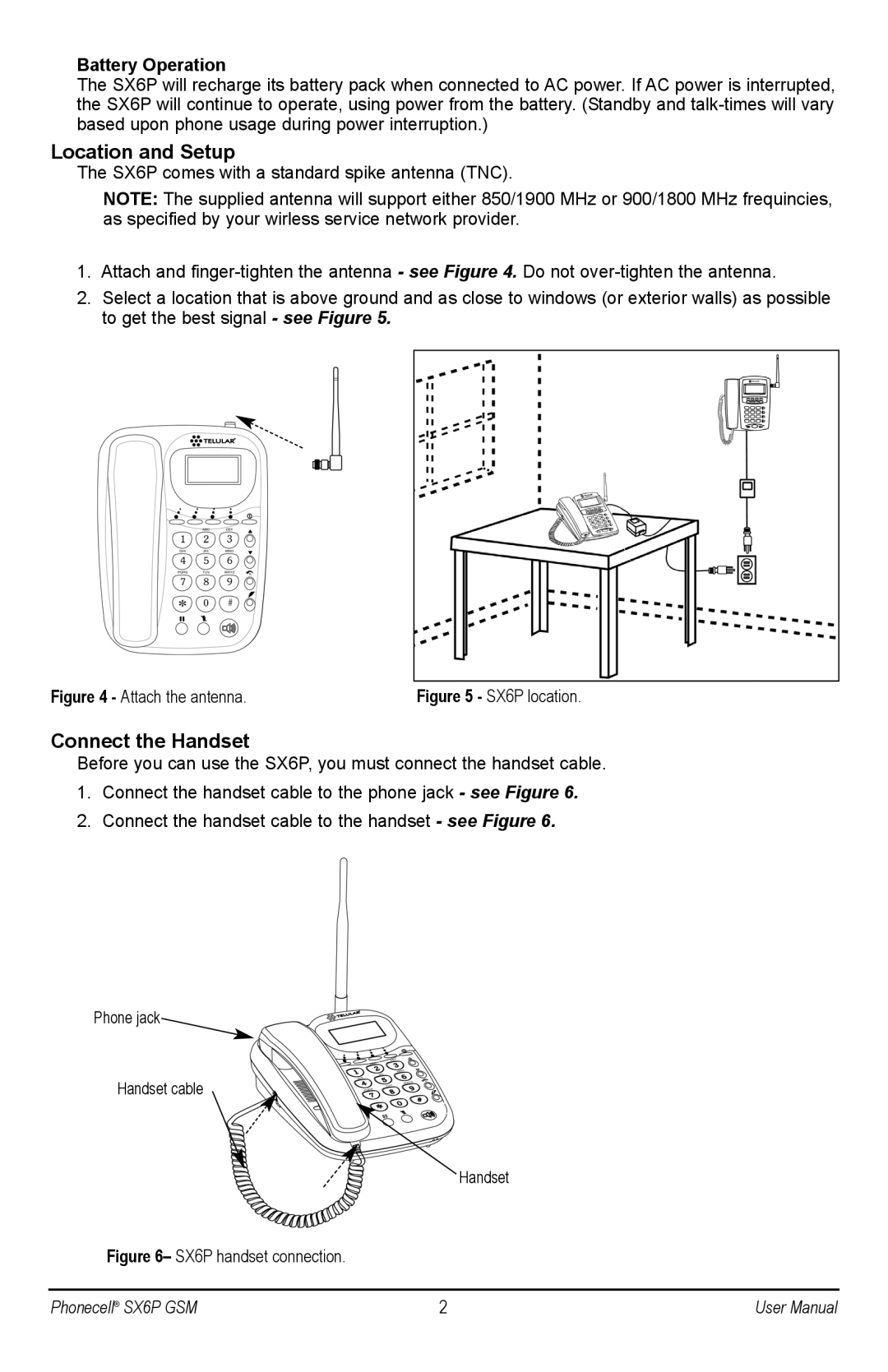 Telular SX6P-300G, SX6P GSM user manual Location and Setup, Connect the Handset, Battery Operation 