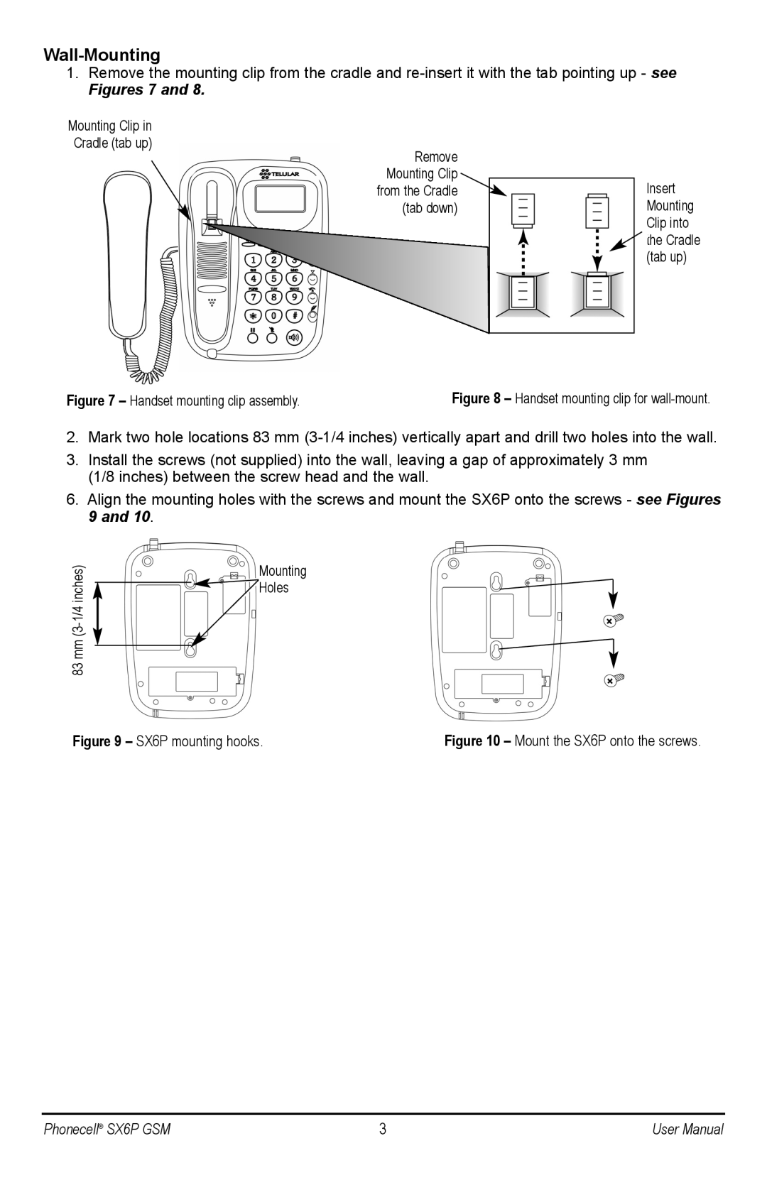 Telular SX6P GSM, SX6P-300G user manual Wall-Mounting, SX6P mounting hooks 