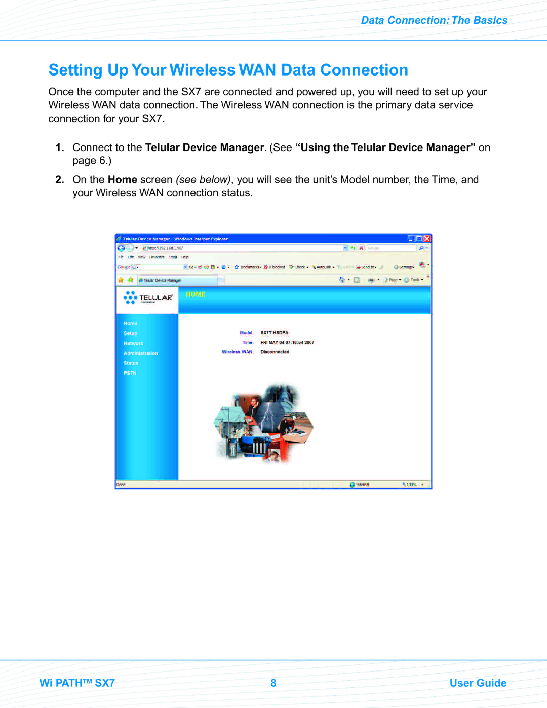 Telular SX7M, SX7T manual Setting Up YourWireless WAN Data Connection 