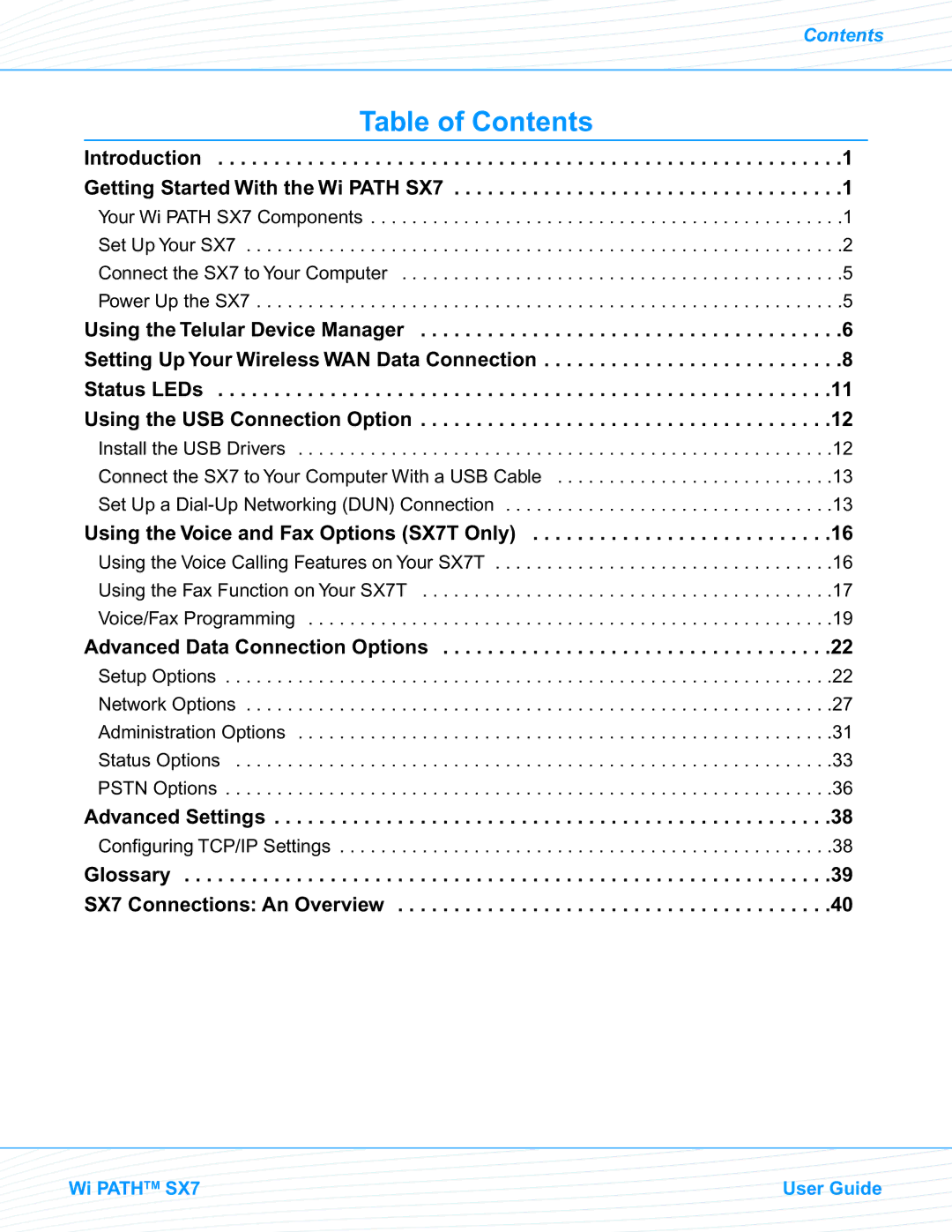 Telular SX7M, SX7T manual Table of Contents 