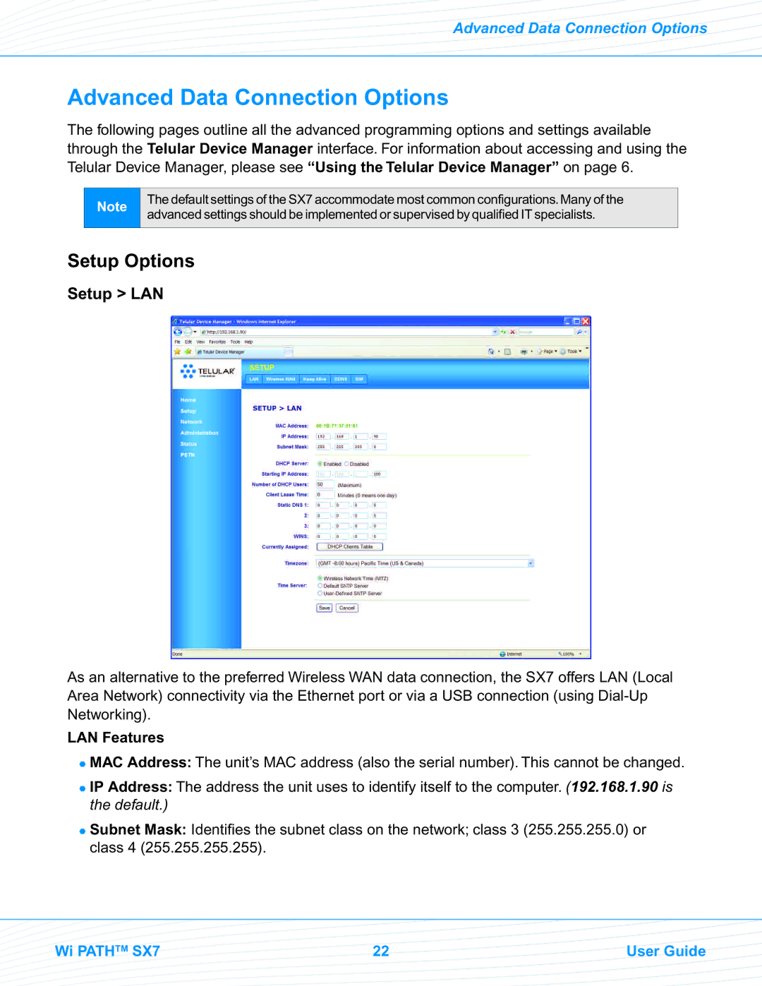 Telular SX7M, SX7T manual Advanced Data Connection Options, Setup Options, Setup LAN, LAN Features 