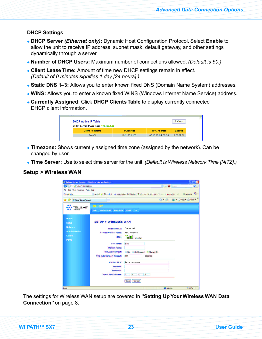 Telular SX7T, SX7M manual Setup Wireless WAN, Dhcp Settings 