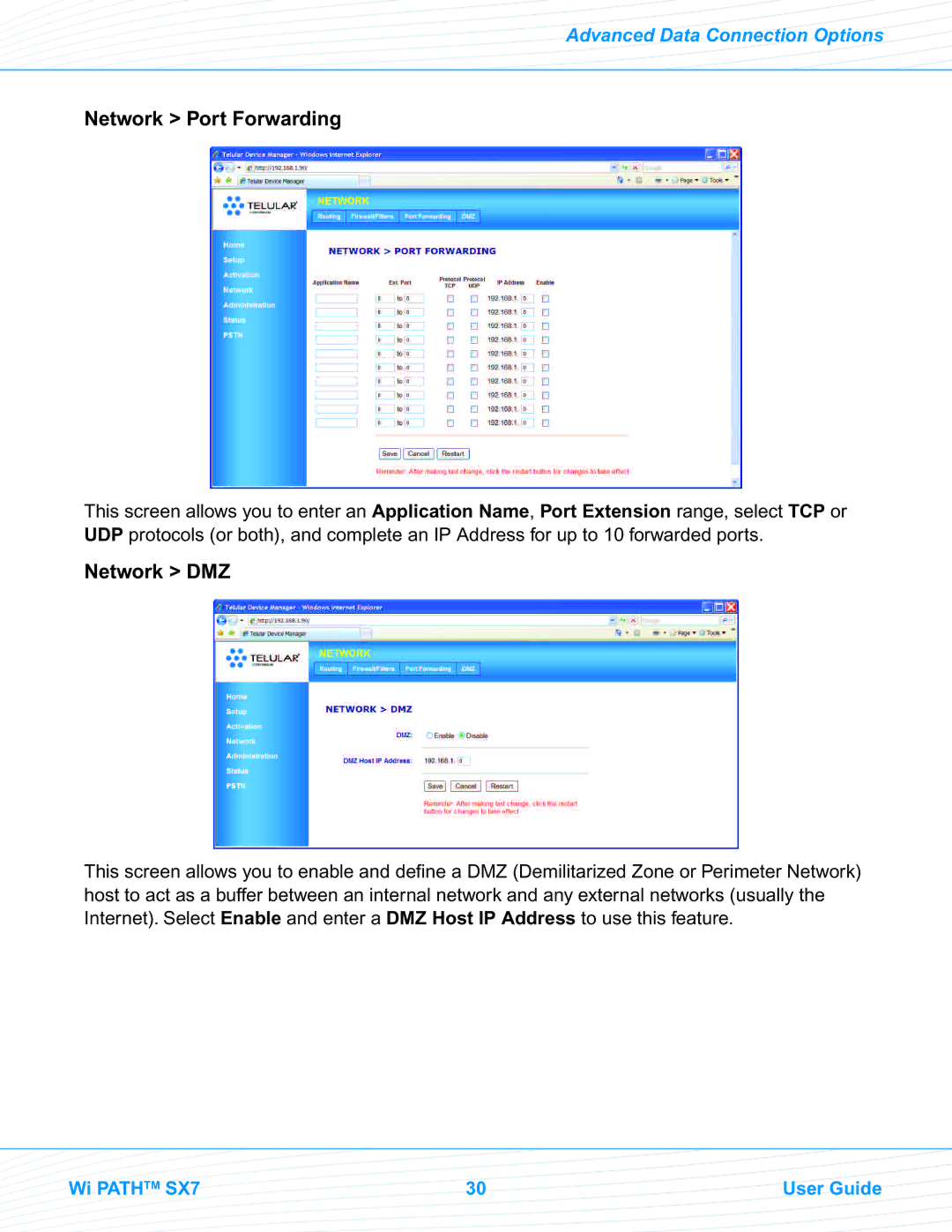 Telular SX7M, SX7T manual Network Port Forwarding, Network DMZ 