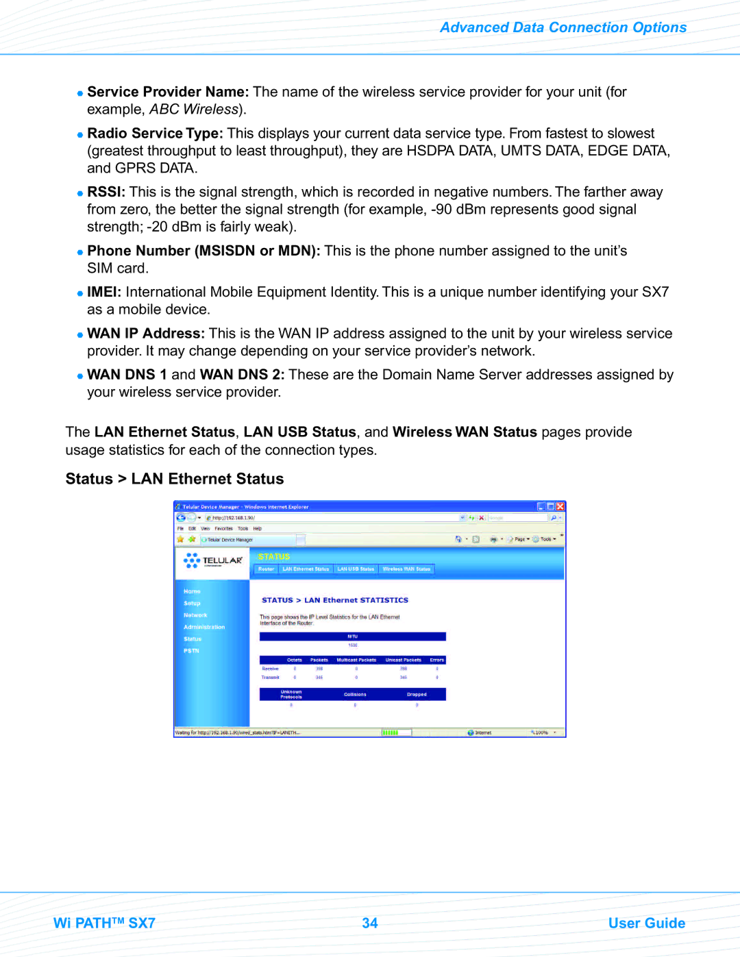 Telular SX7M, SX7T manual Status LAN Ethernet Status 