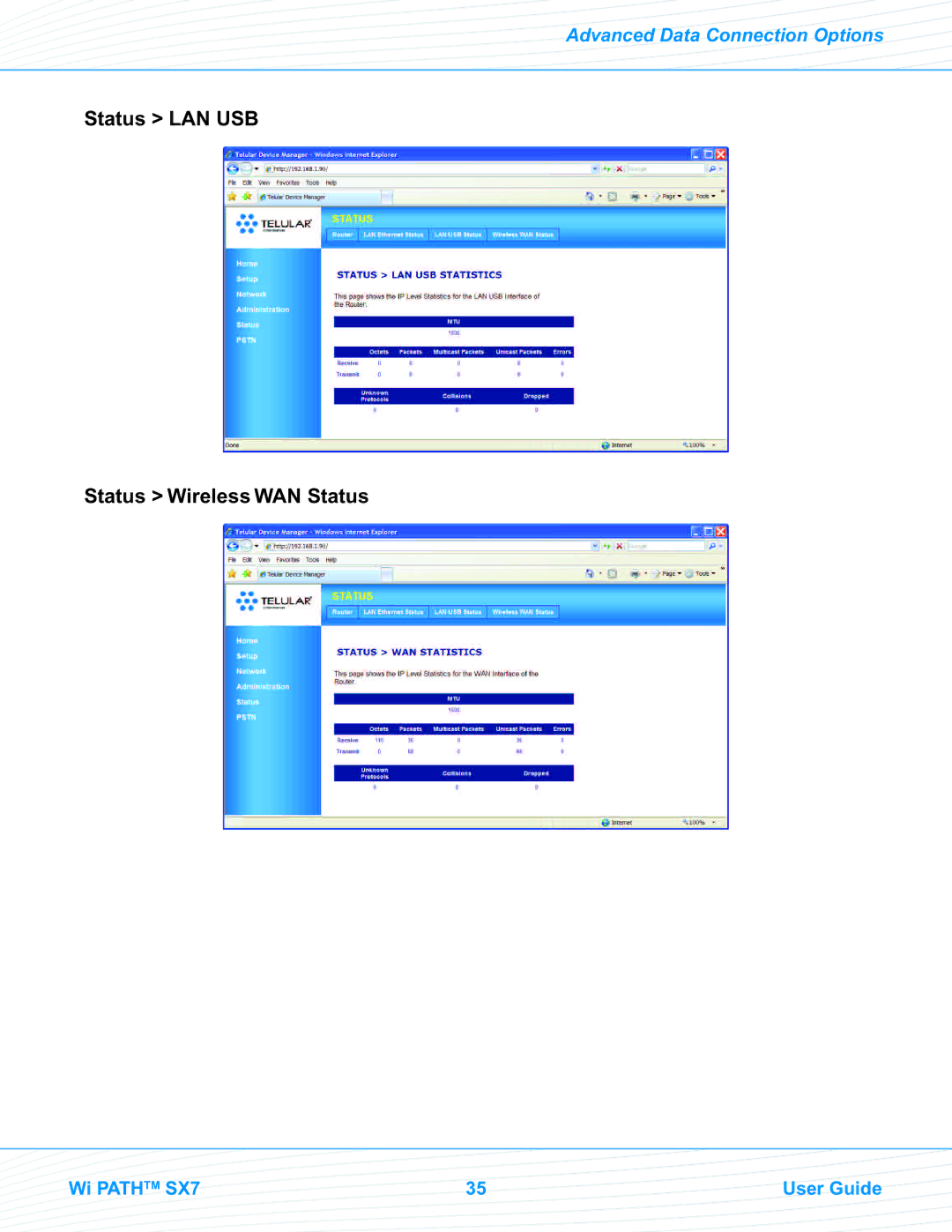 Telular SX7T, SX7M manual Status LAN USB Status Wireless WAN Status 