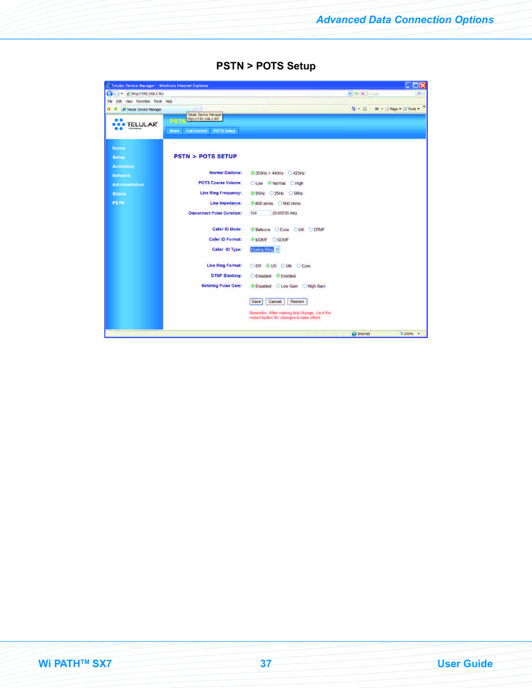 Telular SX7T, SX7M manual Pstn Pots Setup 