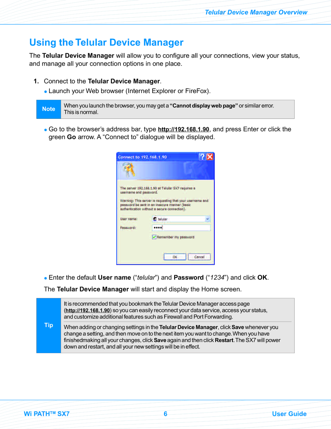 Telular SX7M, SX7T manual Using the Telular Device Manager, Connect to the Telular Device Manager 