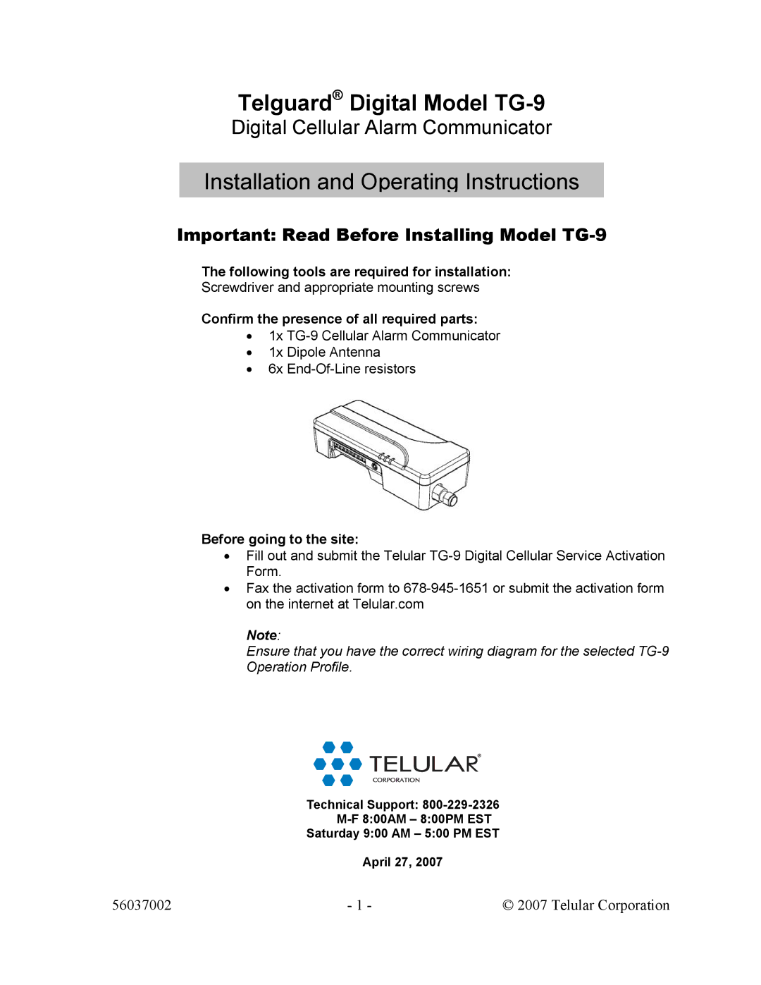 Telular manual Telguard Digital Model TG-9, Important Read Before Installing Model TG-9 