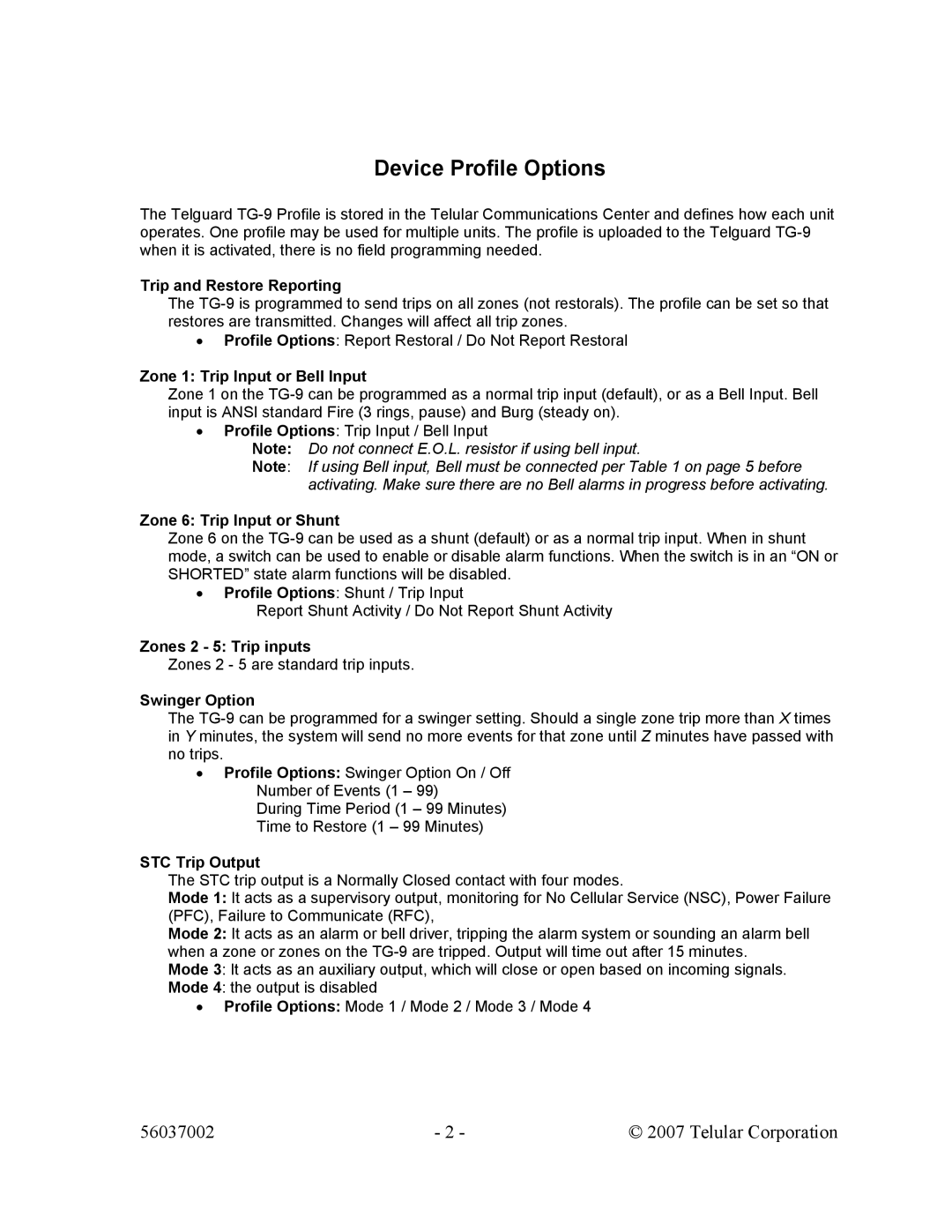 Telular TG-9 manual Device Profile Options 