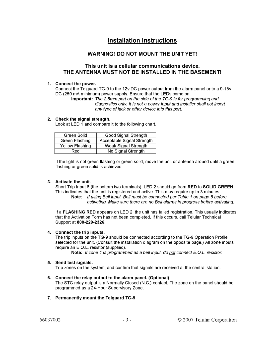 Telular TG-9 manual Installation Instructions, This unit is a cellular communications device 