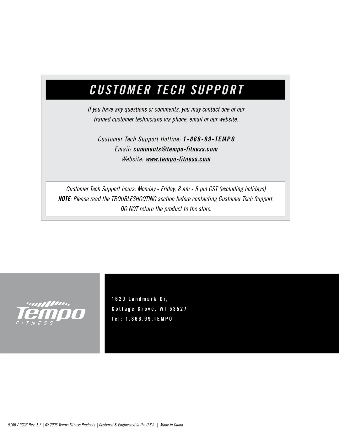 Tempo 910B 920B manual Customer Tech Support 